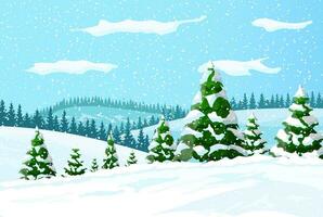 Winter landscape with white pine trees on snow hill. Christmas landscape with fir trees forest and snowing. Happy new year celebration. New year xmas holiday. Vector illustration flat style