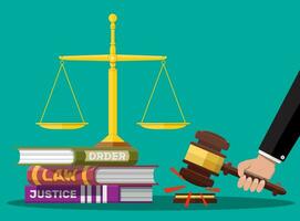 Law code books, justice scales and judge gavel. vector