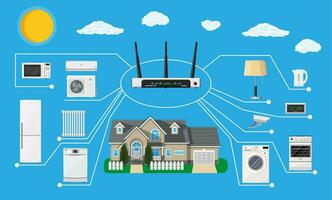 Smart home concept. Smart household appliances connected to home network. Remote controlled devices in house. Smart house. Vector illustration in flat style