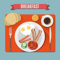 desayuno colocar. rojo cobija en azul fondo con salchichas, frito huevos, becon, tomate, pepino, cuerno, café taza, tenedor cuchara y cuchillo. vector ilustración en plano diseño