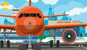 Plane before takeoff. Airport control tower, jetway, terminal building and parking area. Cityscape. Sky with clouds and sun. Vector illustration in flat style