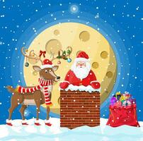 Santa claus with bag with gifts in house chimney, gift boxes in snow, reindeer. Happy new year decoration. Merry christmas eve holiday. New year and xmas celebration. Vector illustration in flat style