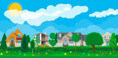 Private suburban houses with car, trees, road, sky and clouds. Village. Vector illustration in flat style