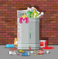 Steel garbage bin full of trash. Overflowing garbage, food, rotten fruit, papers,containers and glass. Garbage recycling and utilization equipment. Waste management Vector illustration in flat style