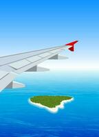 View of wing of aircraft in sky. Tropical island with palm tree in ocean. Air journey or vacation concept. Vector illustration in flat style