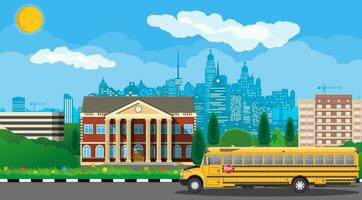 Classical school building and cityscape. Brick facade with clocks. Public educational institution and bus. College or university organization. Tree, clouds, sun. Vector illustration in flat style