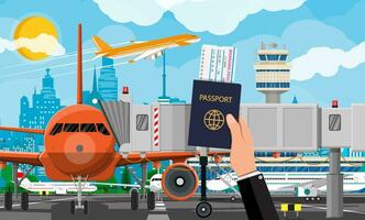 Hand with passport, ticket. Plane before takeoff vector