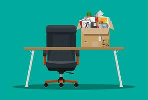 Office chair and table. Box with office goods. Hiring and recruiting. Human resources management concept, searching professional staff, work. Found right resume. Vector illustration in flat style