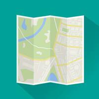 Folded paper city map. Abstract generic city map with roads, buildings, parks, river. City map icon with long shadow. Street map and direction. vector illustration