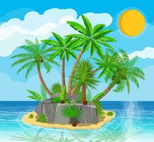 Landscape of palm tree on beach. Island, coconuts and stones. Sun with reflection in water and clouds. Day in tropical place. Vector illustration in flat style