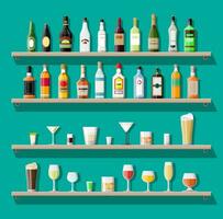 Alcohol drinks collection. Bottles with glasses. Vodka champagne wine whiskey beer brandy tequila cognac liquor vermouth gin rum absinthe sambuca cider bourbon. Vector illustration in flat style.