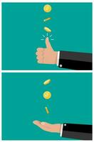 hand of businessman tossing and catches a coin. vector illustration in flat style