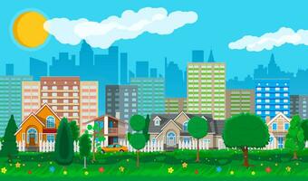 Private suburban houses with car, trees, road, sky and clouds. Cityscape. City suburbs. Vector illustration in flat style