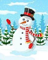 Winter christmas background. Snowman, pine tree and snow. Winter landscape with fir trees forest and snowing. Happy new year celebration. New year xmas holiday. Vector illustration flat style