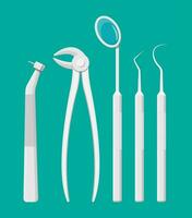 Dentist work tools. Tooth healthcare equipment set. Drill, tongs, mouth mirror, hook. Oral care, stomatology and dentistry. Vector illustration in flat style