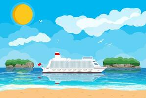 Landscape of islands and beach. Cruise liner ship. Sun with reflection in water and clouds. Day in tropical place. Vector illustration in flat style