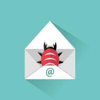 Infected email icon. opened mail and virus malware bug inside. vector illustration in flat design on green background