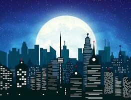 Silhouette of the city with cloudy night sky, stars and full moon. vector illustration