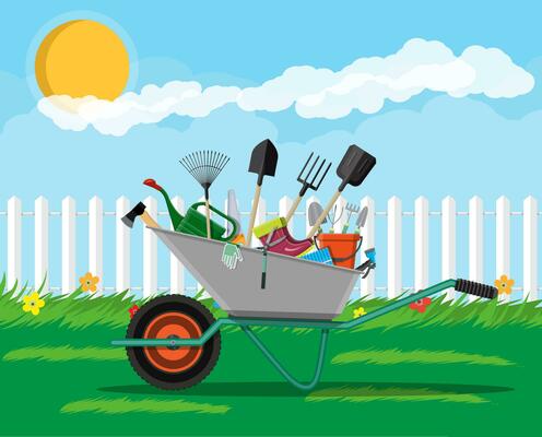 Gardening tools set. Equipment for garden. Saw bucket ax wheelbarrow hose rake can shovel secateurs gloves boots. Wooden fence, flower, grass, tree, sky, cloud. Vector illustration in flat style