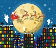 Santa claus on sleigh and his reindeers with moon in sky. Houses in snowfall. Happy new year decoration. Merry christmas holiday. New year and xmas celebration. Vector illustration flat style