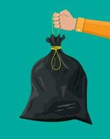 Plastic garbage bag with rope in hand. Container for trash isolated on white. Garbage recycling and utilization equipment. Waste management. Vector illustration in flat style