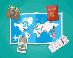 paper map of world. passport, airplane ticket, smartphone with navigation application, wallet. vector illustration in flat design on green background