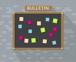 Bulletin board hanging on brick wall full of tasks on sticky note cards. Development, team work, agenda, to do list. vector illustration in flat style with long shadow