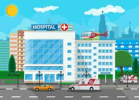 Hospital building, medical icon. Healthcare, hospital and medical diagnostics. Urgency and emergency services. Road, sky, sun, tree. Car and helicopter. Vector illustration in flat style