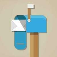 cartoon blue opened mailbox with regular mail inside. vector illustration in flat design on brown background