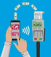 Pos terminal confirms the payment by smartphone. Nfc payments concept. Vector illustration in flat design