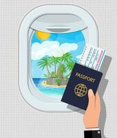 ventana desde dentro el avión. mano con pasaporte y boleto. aeronave porta obturador. tropical isla con palma árbol en océano. aire viaje o vacaciones concepto. vector ilustración en plano estilo