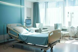 AI generated Hospital room with a bed, Comfortable medical Interior of an empty hospital room and Recovery Room with beds Ai generated photo