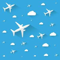 Abstract white Planes and clouds with long shadows on blue background. vector illustration. travel concept