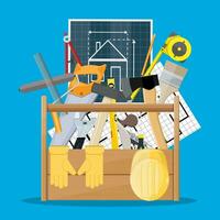 Carpentry instruments in wooden toolbox. vector illustration in flat style