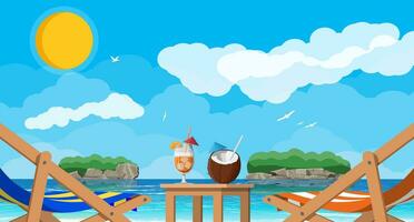 Landscape of wooden chaise lounge, table with coconut and cocktail on beach. Sun with reflection in water and clouds. Day in tropical place. Vector illustration in flat style