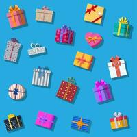 Set of gift boxes isolated on white. Colorful wrapped. Sale, shopping. Present boxes different sizes with bows and ribbons. Collection for birthday and holiday. Vector illustration in flat style