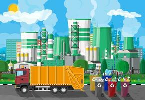 Urban cityscape with garbage car and factory vector