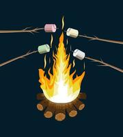 Bonfire with marshmallow. Logs and fire. Camping, burning woodpile in night. Vector illustration in flat style