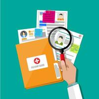 Folder with patient card and doctors hand with magnifying glass. medical report. analysis or prescription concept. vector illustration in flat style