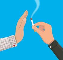 Tobacco abuse concept. Hand gives cigarette to other hand. No smoking. Rejection, proposal smoke. Vector illustration in flat style.