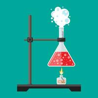 Laboratory equipment, jars, beakers, flasks, spirit lamp . Chemical reaction. Biology science education medical. Vector illustration in flat style