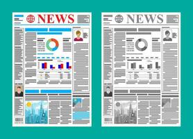 Daily newspaper in color and black and white. News journal design. Pages with various headlines, images, quotes, text and articles. Media, journalism and press. Vector illustration in flat style.