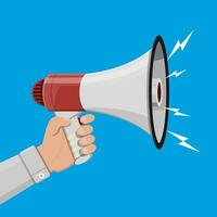 Loudspeaker or megaphone in hand. Announcement element. Vector illustration in flat style