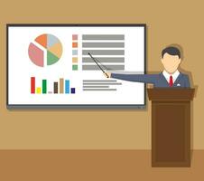 tv screen with financial report and lecturer. Training staff, meeting, report, business school. vector illustration in flat style