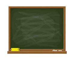 Empty green chalkboard with wooden frame. Yellow sponge and white chalk. Lesson in school classroom blackboard. College or university, education or business training. Vector illustration in flat style