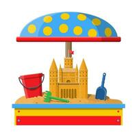 Wooden childrens sandbox for games. Sandbox with seats and roof mushroom. Sand castle handmade sculpture. Plastic bucket with rake, shovel. Kids playground. Vector illustration in flat style