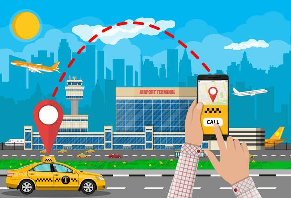 Urban cityscape with airport and taxi cab, hand with smartphone and taxi service application. Vector illustration in flat style