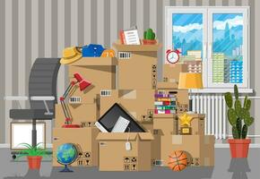 Moving to new house. Family relocated to new home. Paper cardboard boxes with various household thing. Package for transportation. Computer, lamp, clothes, books. Vector illustration in flat style