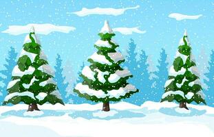 Winter landscape with white pine trees on snow hill. Christmas landscape with fir trees forest and snowing. Happy new year celebration. New year xmas holiday. Vector illustration flat style