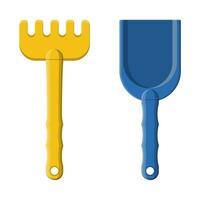 Plastic rake and shovel isolated on white. Rake and scoop toys for choldren sandbox and playground. Vector illustration in flat style